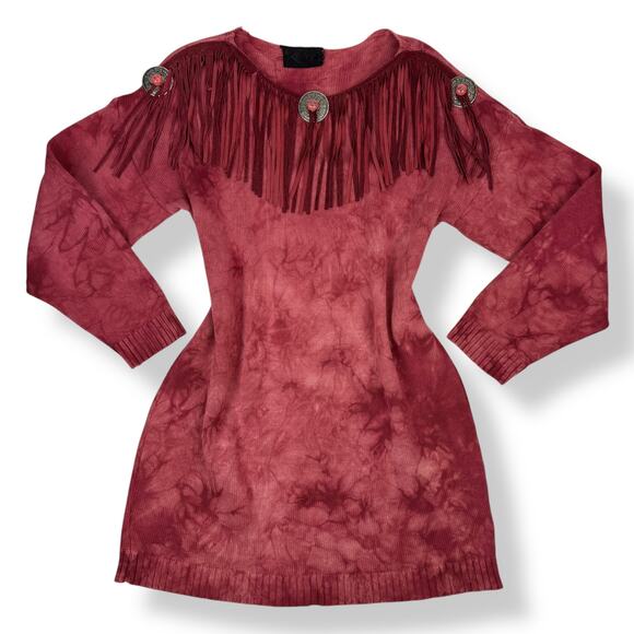 Vintage cowgirl western red cotton tie-dyed fringe sweater dress - Picture 7 of 14